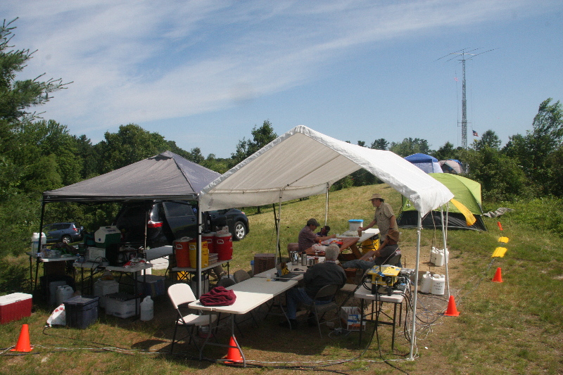 NVARC Field Day site in Pepperell MA; view from feeding tents across the site to the tower trailer with tri-bander at 50 feet